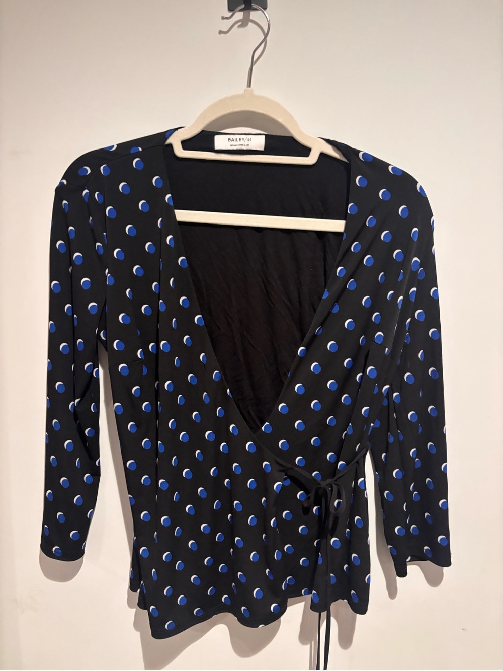 Bailey 44 Black Wrap Blouse with Blue Dot Print